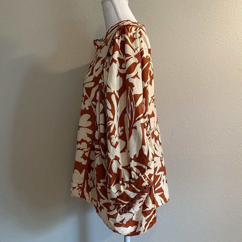 Entro Floral 3/4 Balloon Sleeve Button Down Blouse Rust Ivory Small Boutique - Picture 10 of 12